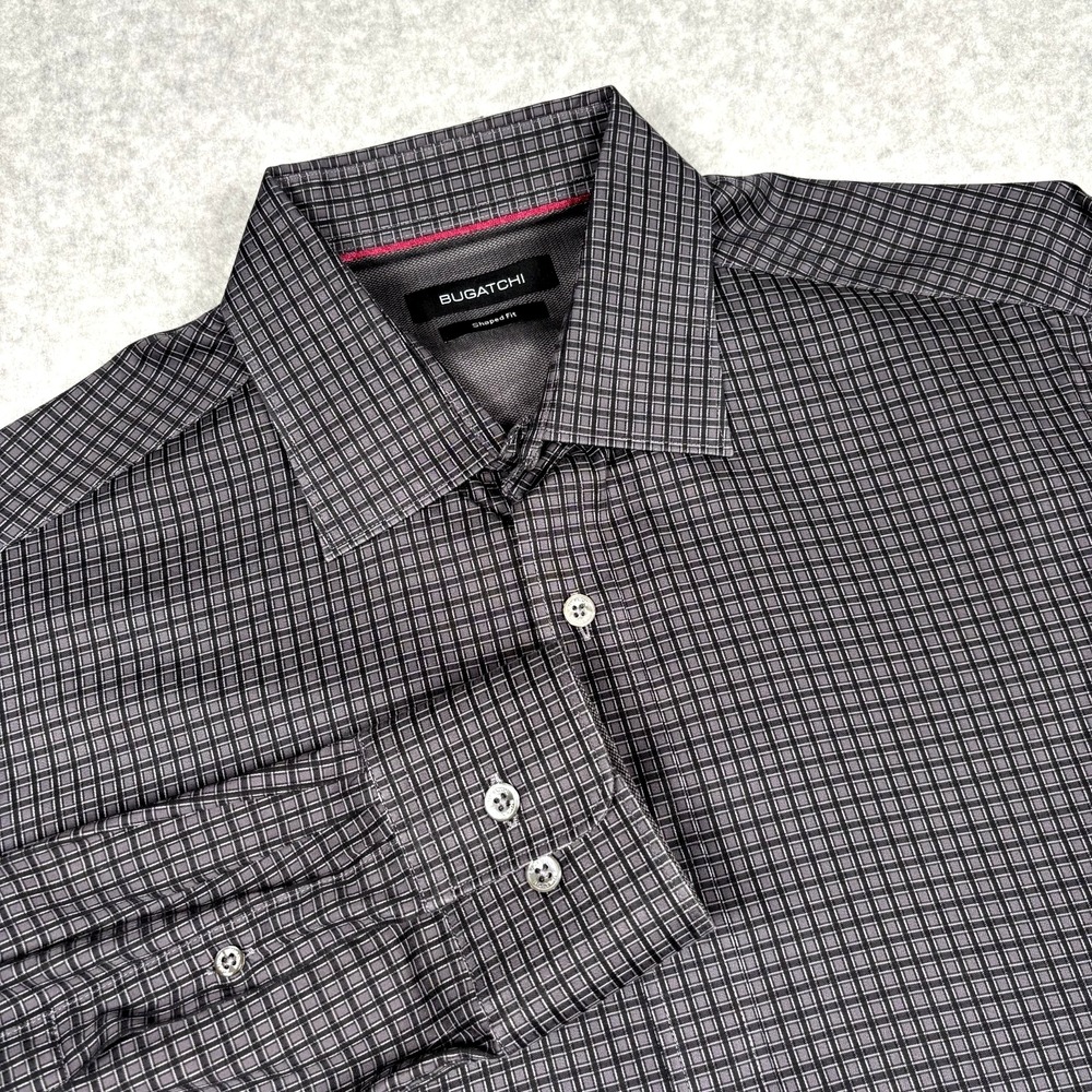 Bugatchi Shirt Mens M Black Gray Geometric Foulard Shaped Fit Button Up